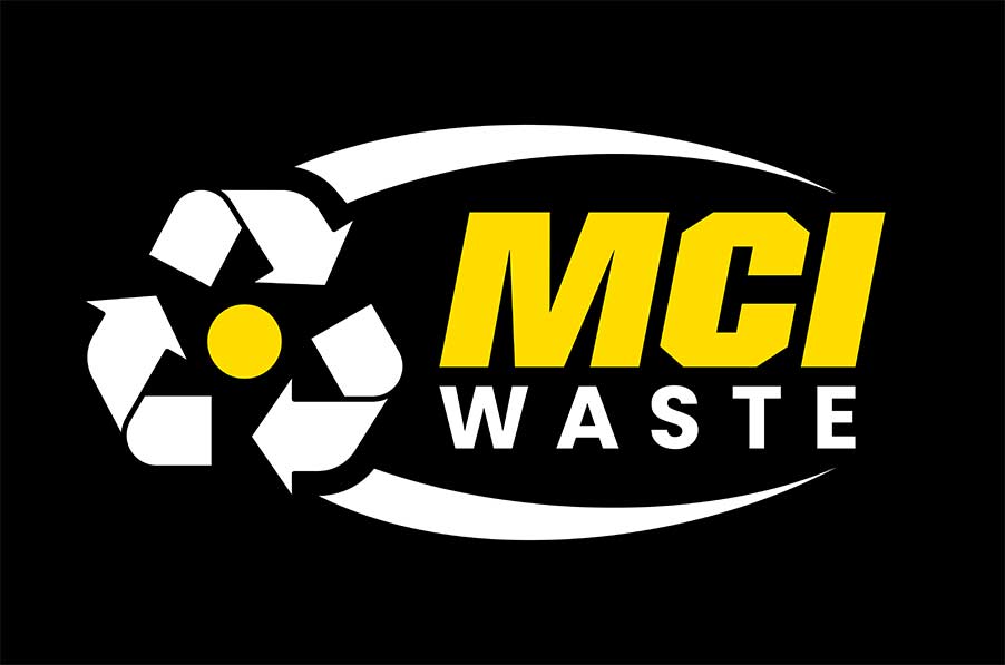 MCI WASTE logo with a white recycling symbol on a black background and bold yellow 'MCI' beside white 'WASTE' text.